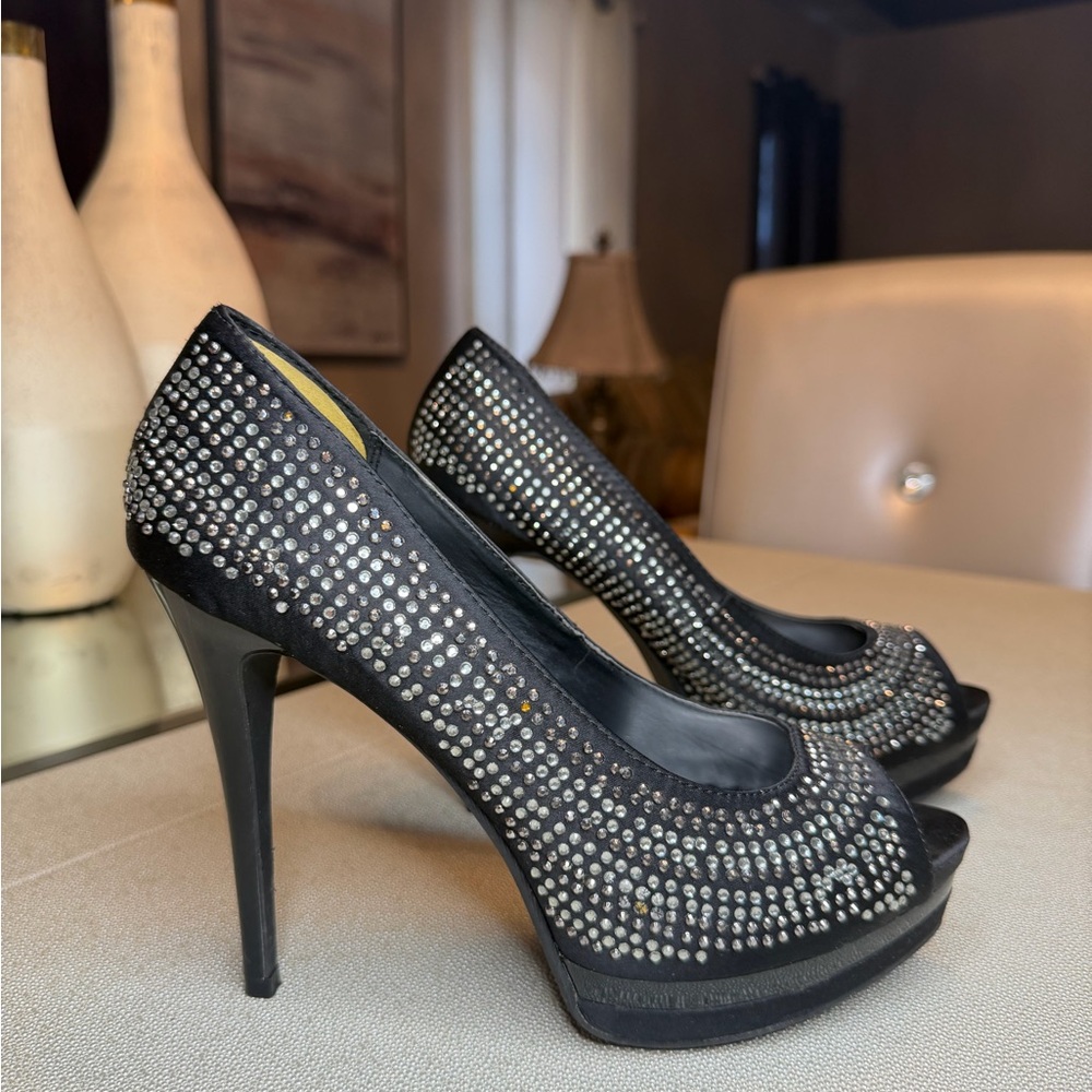 Dollhouse Black Rhinestone Peep-Toe Heels